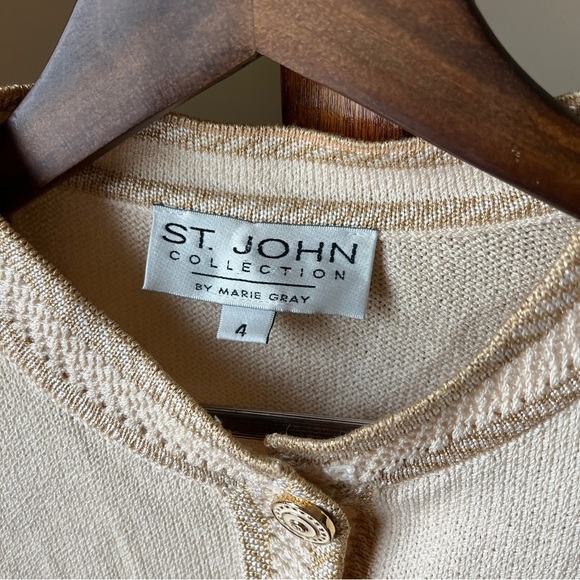 St John Collection Marie Grey Santana Knit Jacket Sweater Button Gold Beige 4 - Picture 5 of 10
